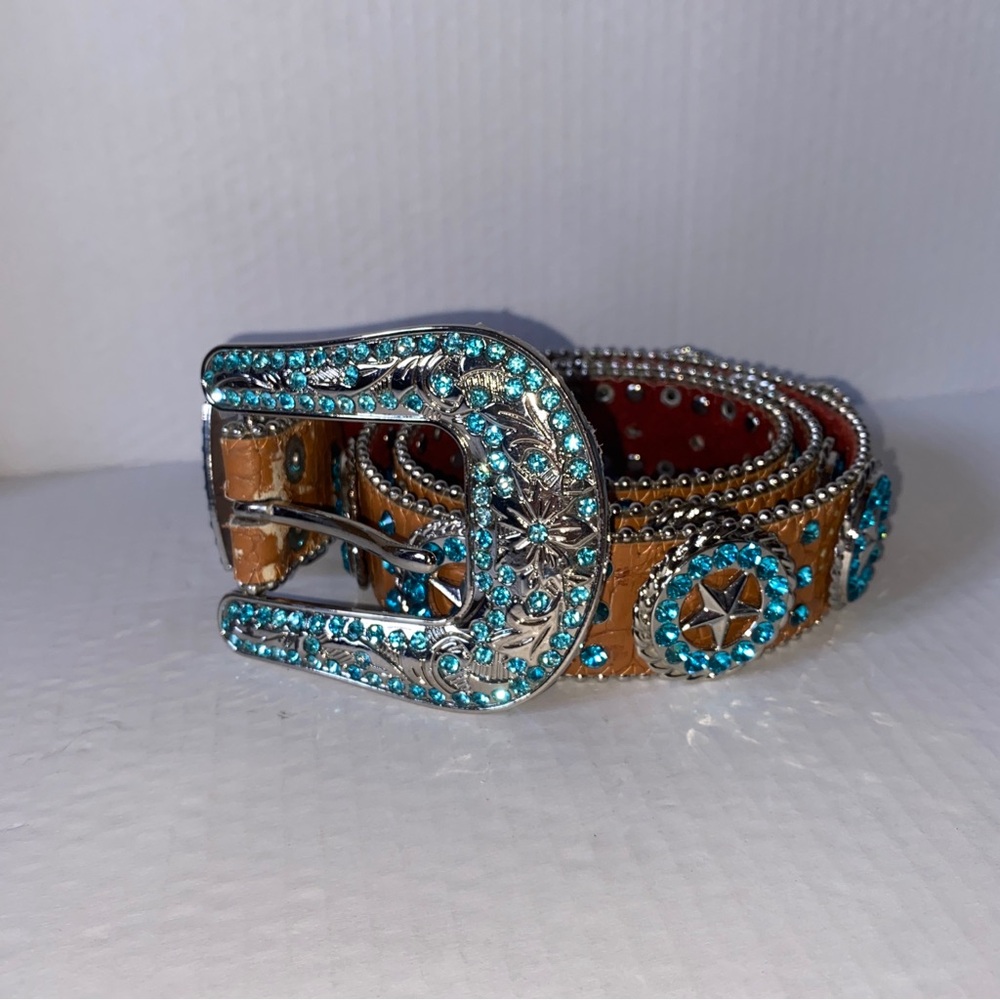 Western Style Brown Belt With Silver Buckle, Turquoise Rhinestones &Silver Stars